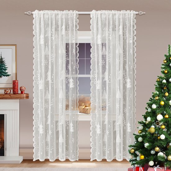 Window Screen - Ice Flower Christmas Tree Window Screen - Metal Mesh - European and American - Christmas - Curtain - Net Curtain 2-Piece Set (150*200cm)