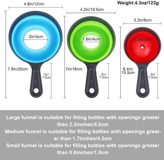 Mini Funnel - 3 in 1 Funnel - Funnel - Kitchen Funnel Set - Various Sizes - 12cm/10cm/8cm - Can be used to store jars, filling bottles, measuring cups and small amounts of spices, etc.