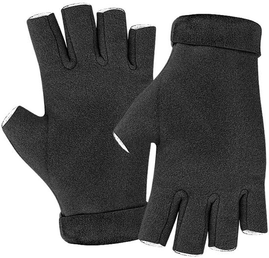 A pair of fingerless insulated gloves - One size fits all - Warm and protective - Cozy and comfortable - Winter outdoor wear - Suitable for eating, typing, writing and turning pages - Black