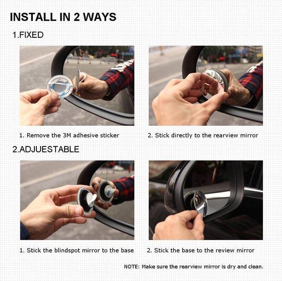 Blind Spot Mirrors - Round, frameless, 360° rotating mirror - Adjustable, high-resolution convex glass mirror - Maximizes rear visibility - Universal design - Suitable for cars, SUVs and trucks - Improves driving safety
