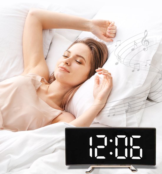 Multifunctional electronic alarm clock with light effect - Creative large screen - Curved LED light - Digital home mirror - Clock decoration - Black casing, white light