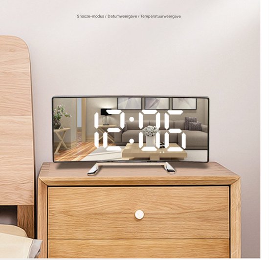 Multifunctional electronic alarm clock with light effect - Creative large screen - Curved LED light - Digital home mirror - Clock decoration - Black casing, white light