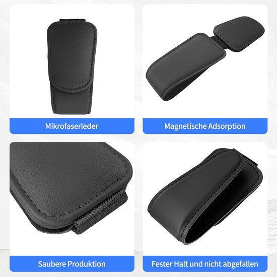 Car sun visor glasses holder - magnetic leather sunglasses holder - car sun visor accessories - bill holder (black)