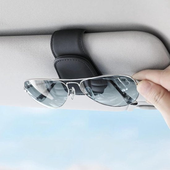 Car sun visor glasses holder - magnetic leather sunglasses holder - car sun visor accessories - bill holder (black)
