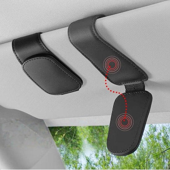 Car sun visor glasses holder - magnetic leather sunglasses holder - car sun visor accessories - bill holder (black)