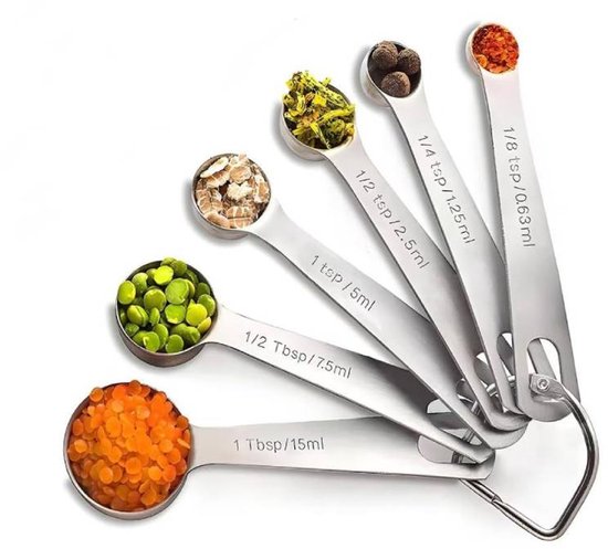 Set of 6 stainless steel measuring spoons - Includes teaspoon, tablespoon and measuring spoon - Suitable for liquids and dry ingredients - Kitchen and baking utensils - Can be stored in spice jars