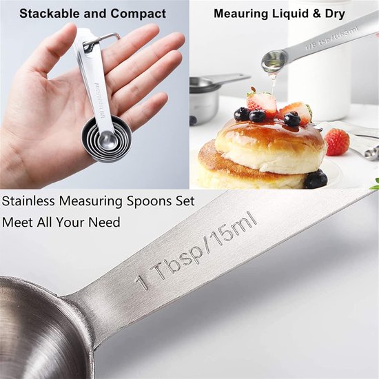 Set of 6 stainless steel measuring spoons - Includes teaspoon, tablespoon and measuring spoon - Suitable for liquids and dry ingredients - Kitchen and baking utensils - Can be stored in spice jars