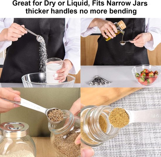 Set of 6 stainless steel measuring spoons - Includes teaspoon, tablespoon and measuring spoon - Suitable for liquids and dry ingredients - Kitchen and baking utensils - Can be stored in spice jars