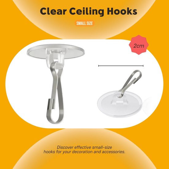 Hooks - (100 pieces per pack) - Self-adhesive hooks - Self-adhesive hooks - Self-adhesive ceiling hooks - Super strong adhesion - Small and transparent - Will not damage walls - No drilling required - Removable - Suitable for holidays, weddings,