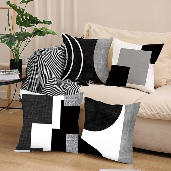 Pillowcase - 4-pack - Pillowcases with abstract geometric pattern - 45x45 cm - Pillowcases with zipper - Black and white pillowcases (pillow insert not included)