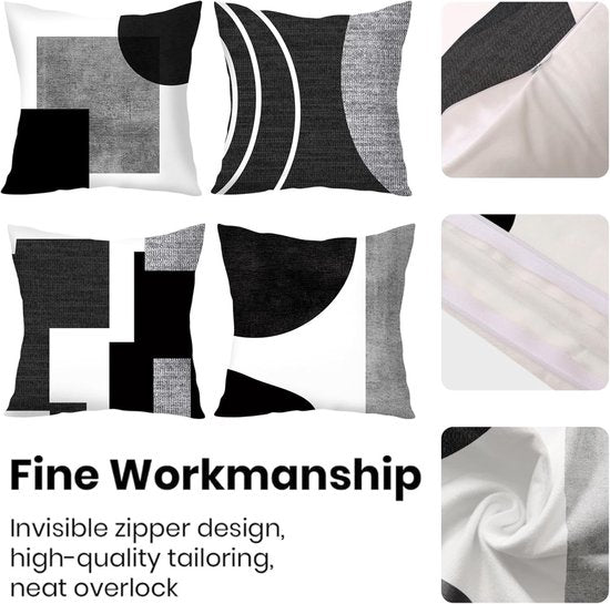Pillowcase - 4-pack - Pillowcases with abstract geometric pattern - 45x45 cm - Pillowcases with zipper - Black and white pillowcases (pillow insert not included)