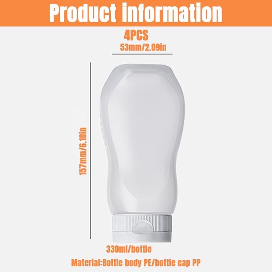 Squeeze Bottles - Pack of 4 - Sauce Bottles - Plastic Bottles with Lid (330g) - BPA Free - Suitable for salad dressings, ketchup, cooking oils - Clear Bottles for Condiments - Leak-Proof Bottles - Food Grade Condiment Bottles