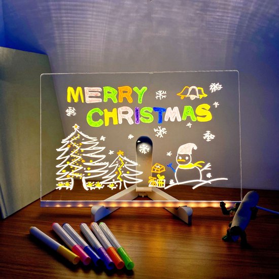 Drawing board - Colored LED whiteboard - Illuminated acrylic whiteboard - Illuminated memo board stand - Glass panel with LED lights and 7 pens - For school and home use respectively - 30x20cm
