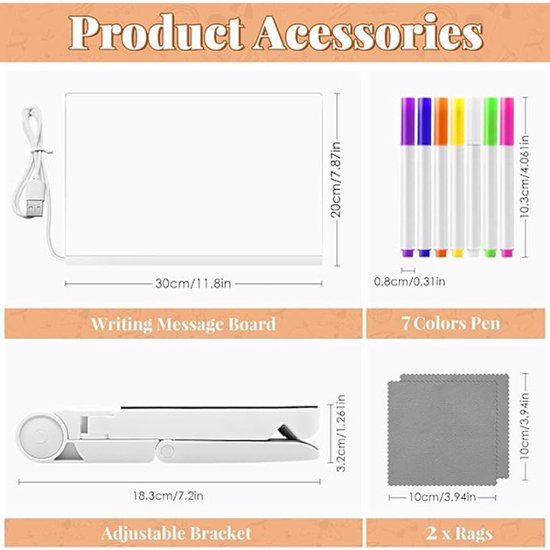 Drawing board - Colored LED whiteboard - Illuminated acrylic whiteboard - Illuminated memo board stand - Glass panel with LED lights and 7 pens - For school and home use respectively - 30x20cm