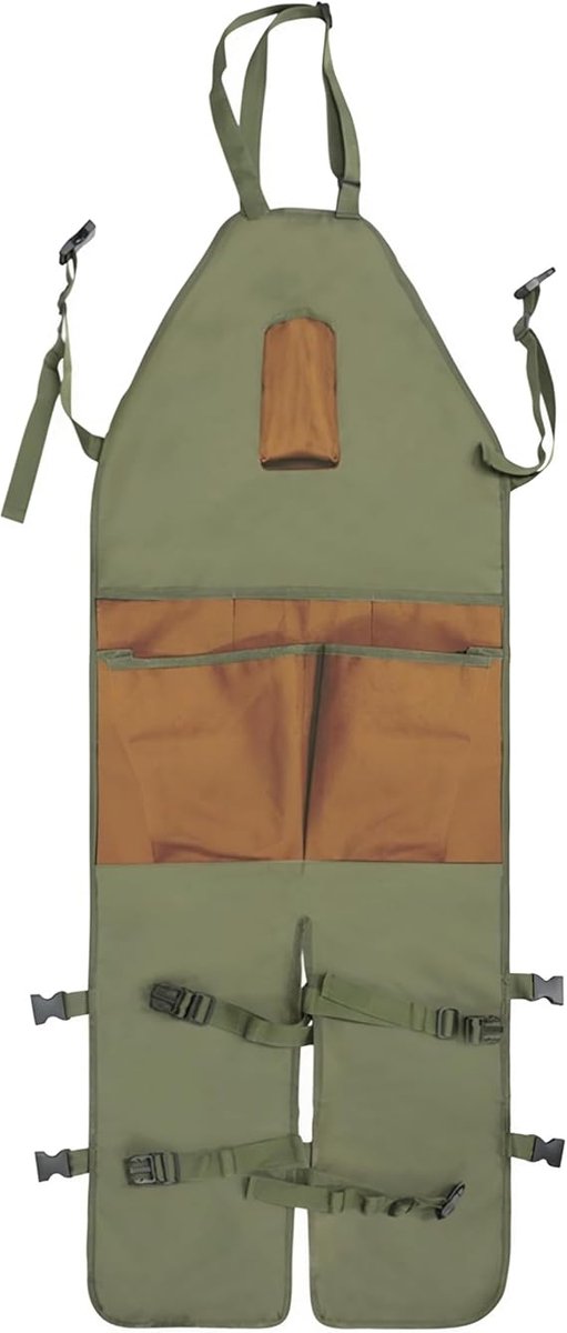 Garden Apron - Men's Apron - Harvest Apron with Pockets - Waterproof - Adjustable, Knee-Reinforced - Suitable for Mowing and Grass Trimming (Green + Brown)