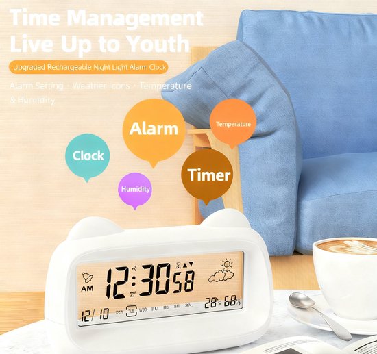 Alarm Clock - Digital Alarm Clock - Digital Clock - Smart Alarm Clock - Electronic Calendar - Cat-shaped Alarm Clock with Light - Real-time Temperature and Humidity Monitoring - Weather Display - Large Night Light Display Screen - USB Charging（Vegetable）