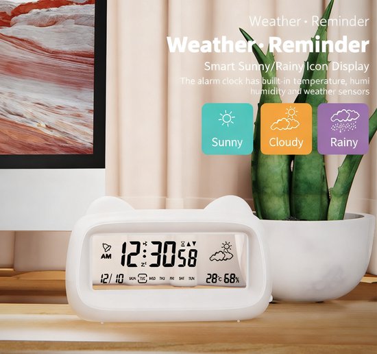 Alarm Clock - Digital Alarm Clock - Digital Clock - Smart Alarm Clock - Electronic Calendar - Cat-shaped Alarm Clock with Light - Real-time Temperature and Humidity Monitoring - Weather Display - Large Night Light Display Screen - USB Charging（Vegetable）