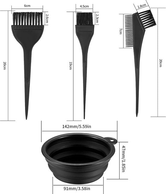 Hair Dye Brush - 4-Piece Hair Dye Brush Set - Hair Dye Brush and Mixing Bowl Set - Double-Sided Hair Dye Brush - Hair Styling Tools - DIY Hair Dye Comb Set - Includes Mixing Bowl - Black