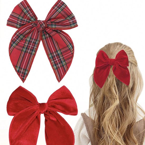 Hairclips - Set of 4 - Hair accessories - Hairclips with bows - Accessories suitable for little girls and mothers - Red, green, white and checked