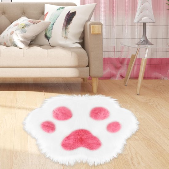 Rug - Cute non-slip rug in the shape of an animal paw - Soft white and pink rug, suitable for the bedroom and living room.