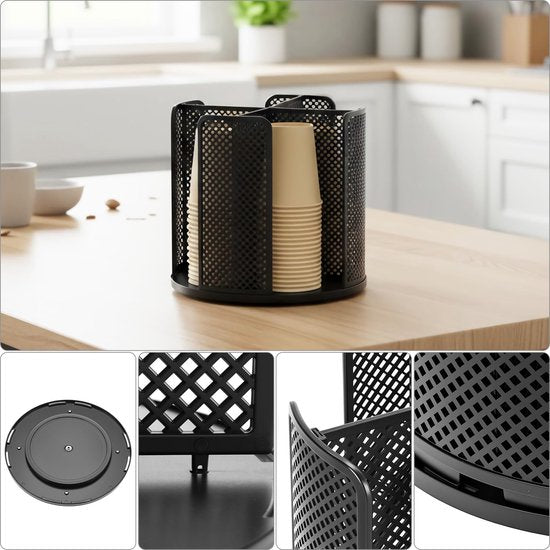 Rotating paper cup dispenser - cup holder with 4 compartments - with 360° turntable - suitable for kitchens, bathrooms and coffee bars - black