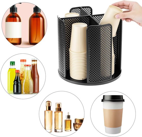 Rotating paper cup dispenser - cup holder with 4 compartments - with 360° turntable - suitable for kitchens, bathrooms and coffee bars - black