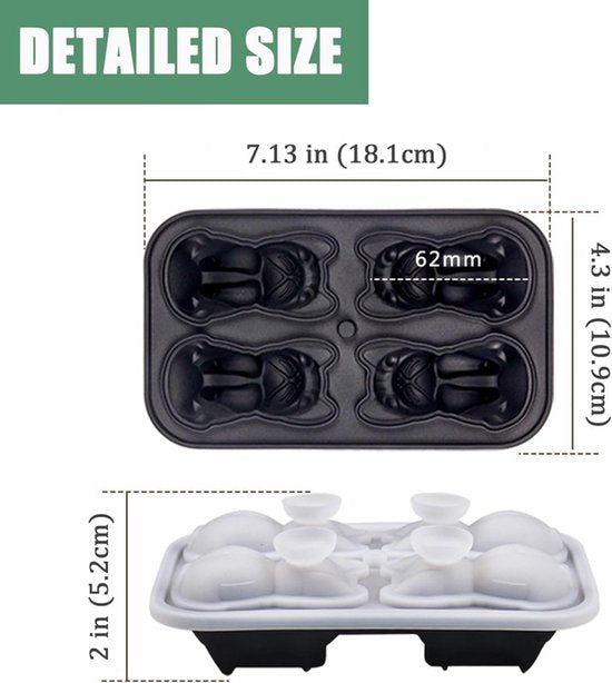 3D French Bulldog Ice Cube Mold - With Integrated Funnel - Cute Dog Shape - Silicone & Easy De-molding