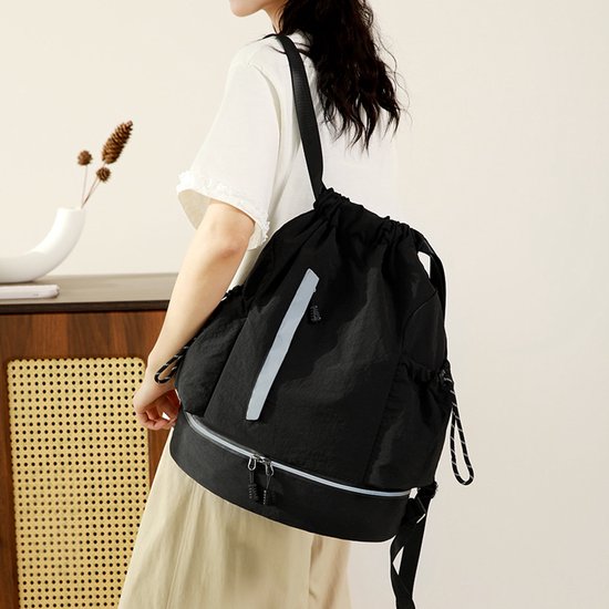 Drawstring Backpack - Waterproof Sports Bag - Lightweight Sports Backpack - With Shoe Compartment - Unisex - Suitable for Basketball, Football, Swimming and Travel - Black
