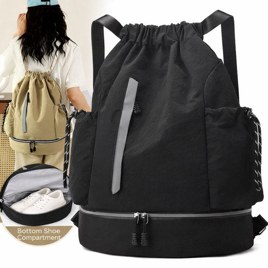 Drawstring Backpack - Waterproof Sports Bag - Lightweight Sports Backpack - With Shoe Compartment - Unisex - Suitable for Basketball, Football, Swimming and Travel - Black