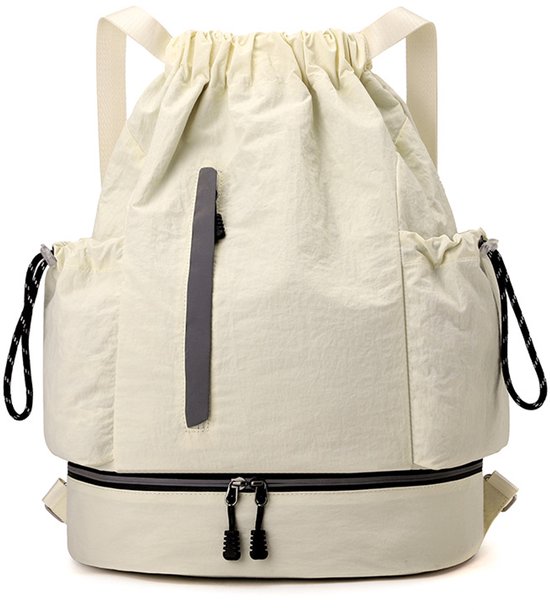 Drawstring Backpack - Waterproof Sports Bag - Lightweight Sports Backpack - With Shoe Compartment - Unisex - Suitable for Basketball, Football, Swimming and Travel - White