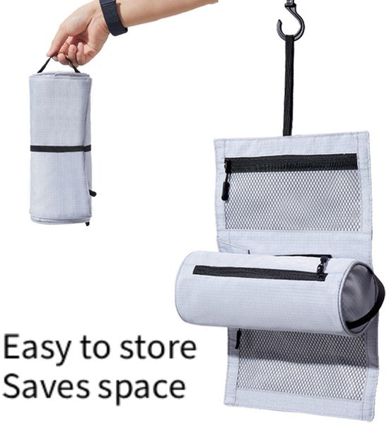 Foldable Toiletry Bag with Hanging Hook - Waterproof Travel Wash Bag - with Multiple Compartments & Mesh - Compact Makeup and Toiletry Bag for Vacation, Sports and Camping - White