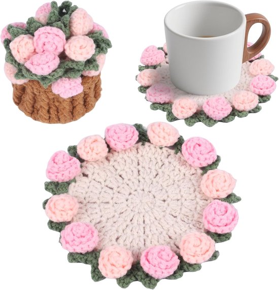 Coasters - Mini Basket Included - Floral Coasters - Vintage Rose Design - Suitable for coffee tables, weddings, housewarming parties, birthdays, etc.（Pink）