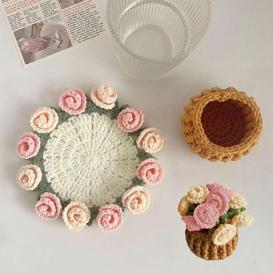 Coasters - Mini Basket Included - Floral Coasters - Vintage Rose Design - Suitable for coffee tables, weddings, housewarming parties, birthdays, etc.（Pink）