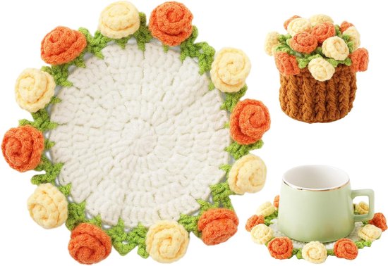 Coasters - Mini Basket Included - Floral Coasters - Vintage Rose Design - Suitable for coffee tables, weddings, housewarming parties, birthdays, etc.（Yellow）