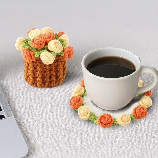 Coasters - Mini Basket Included - Floral Coasters - Vintage Rose Design - Suitable for coffee tables, weddings, housewarming parties, birthdays, etc.（Yellow）