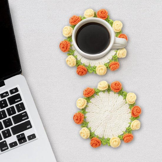 Coasters - Mini Basket Included - Floral Coasters - Vintage Rose Design - Suitable for coffee tables, weddings, housewarming parties, birthdays, etc.（Yellow）