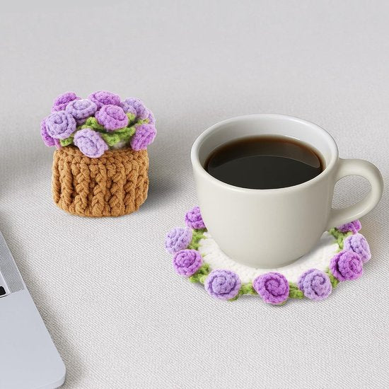 Coasters - Mini Basket Included - Floral Coasters - Vintage Rose Design - Suitable for coffee tables, weddings, housewarming parties, birthdays, etc.（Purple）