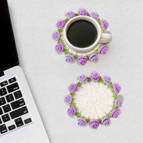Coasters - Mini Basket Included - Floral Coasters - Vintage Rose Design - Suitable for coffee tables, weddings, housewarming parties, birthdays, etc.（Purple）