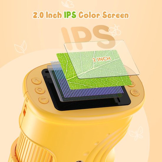 1000x Digital Children's Microscope - With 2 Inch IPS Screen & 8 LED Lights - Handy & Easy to Use for Nature Research - Yellow