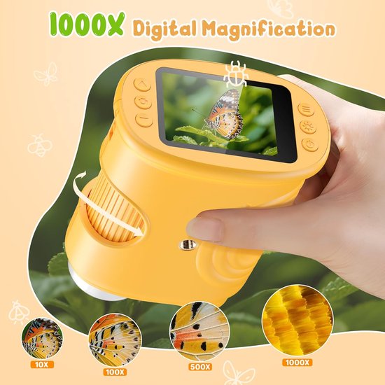 1000x Digital Children's Microscope - With 2 Inch IPS Screen & 8 LED Lights - Handy & Easy to Use for Nature Research - Yellow
