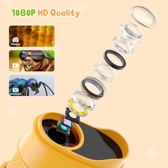 1000x Digital Children's Microscope - With 2 Inch IPS Screen & 8 LED Lights - Handy & Easy to Use for Nature Research - Yellow
