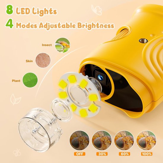 1000x Digital Children's Microscope - With 2 Inch IPS Screen & 8 LED Lights - Handy & Easy to Use for Nature Research - Yellow