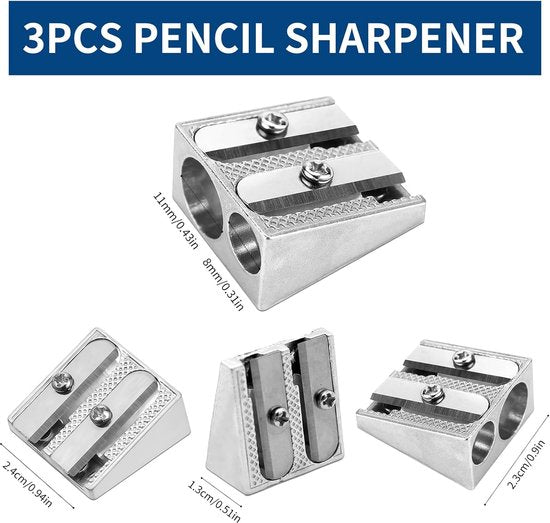 Pencil Sharpener - 3-Piece - Double Hole Pencil Sharpener - Portable Manual Pencil Sharpener - Suitable for Children, Home, School and Office - Silver