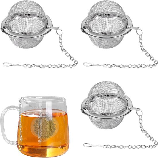 Tea filter - 3 pieces - Stainless steel tea filter - Tea ball filter - Tea filter pot - Infusion ball - Stainless steel tea filter - with extended chain hook - Round tea filter