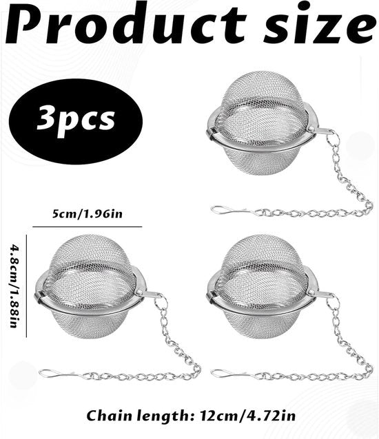 Tea filter - 3 pieces - Stainless steel tea filter - Tea ball filter - Tea filter pot - Infusion ball - Stainless steel tea filter - with extended chain hook - Round tea filter