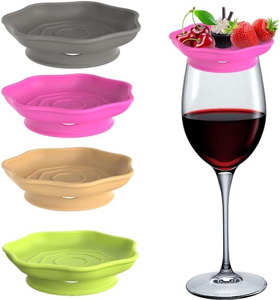 Wine Glass and Snack Tray - 4 Pieces - Draining Silicone Wine Glass and Snack Tray - Non-Slip Lid Coaster - Suitable for appetizers, desserts, family gatherings, and bars
