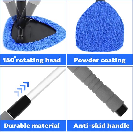 Car Window Cleaning Kit - 5-Piece - Car Window Cleaning Tool - Car Window Cleaning Tool - Car Window Cleaning Brush with Telescopic Handle - 1 Handle + 4 Blue Cloths + 1 50ml Spray Bottle