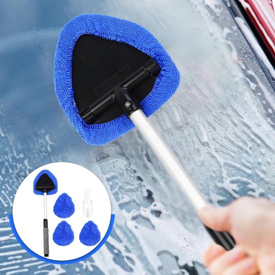 Car Window Cleaning Kit - 5-Piece - Car Window Cleaning Tool - Car Window Cleaning Tool - Car Window Cleaning Brush with Telescopic Handle - 1 Handle + 4 Blue Cloths + 1 50ml Spray Bottle