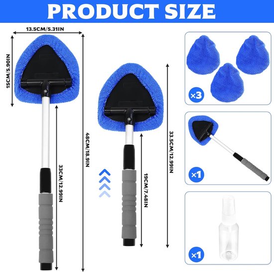 Car Window Cleaning Kit - 5-Piece - Car Window Cleaning Tool - Car Window Cleaning Tool - Car Window Cleaning Brush with Telescopic Handle - 1 Handle + 4 Blue Cloths + 1 50ml Spray Bottle