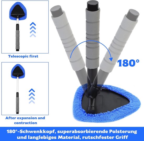 Car Window Cleaning Kit - 5-Piece - Car Window Cleaning Tool - Car Window Cleaning Tool - Car Window Cleaning Brush with Telescopic Handle - 1 Handle + 4 Blue Cloths + 1 50ml Spray Bottle